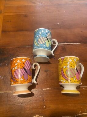 Colorful Butterfly Pedestal Mugs 1960s  - Blue, Orange & Yellow (Set of 3)